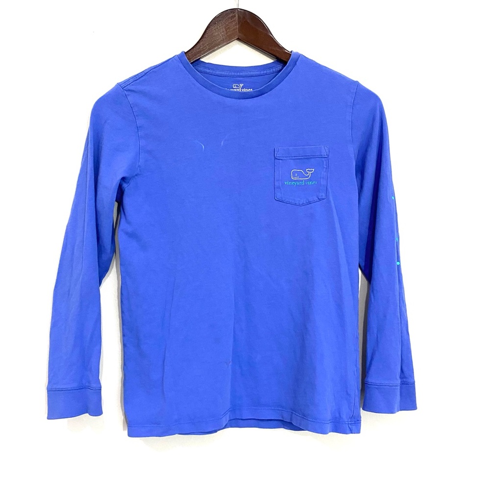 VINEYARD VINES Youth Medium 12/14 Blue Long Sleeve Pocket Whale Graphic T-Shirt